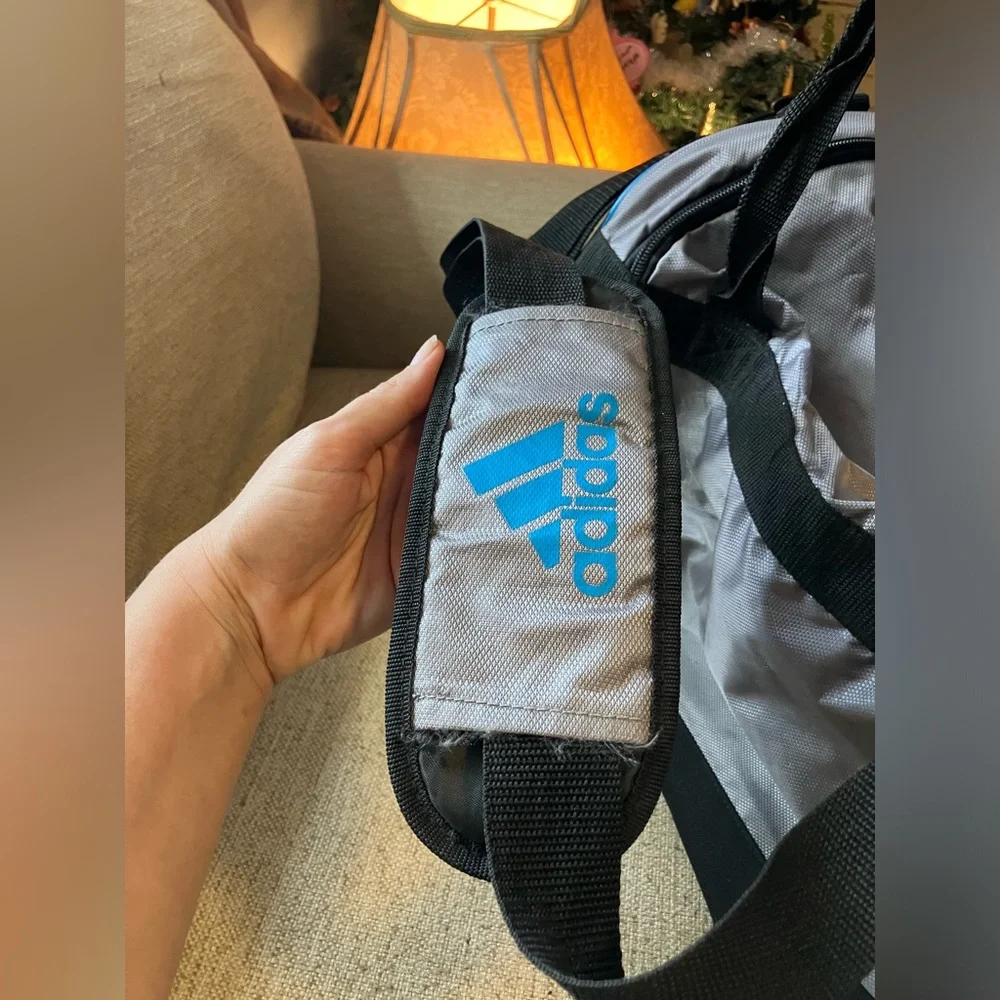 Adidas blue gray and black duffle bag